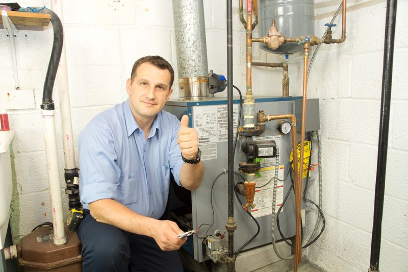 Hamilton heating & cooling contractor giving thumbs up beside furnace